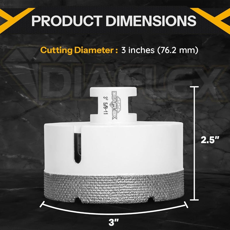 DIAFLEX Premium Brazed Core Bit – 3" Diamond Hole Saw for Porcelain, Ceramic, Stone, Dekton – 5/8"-11 Thread – Fast Clean Cuts – Vacuum Brazed – Wet or Dry Use - Image 3
